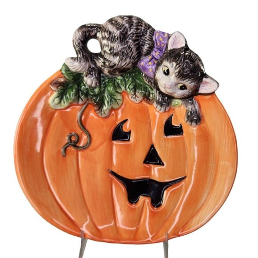 Fitz and Floyd Halloween Snack Plate Cat Jack O Lantern Canape Serving READ